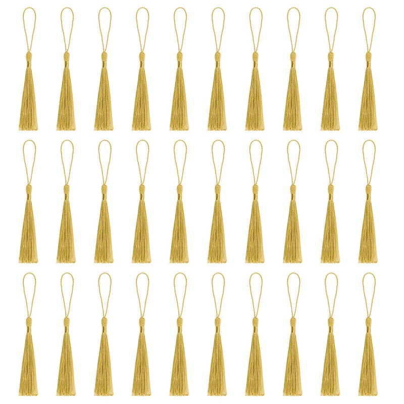 VAPKER Gold Tassels 13cm/5-Inch Silky Handmade Soft Mini Tassels with 2-Inch Cord Loop for Jewelry Making, DIY Projects, Bookmarks - Image 1
